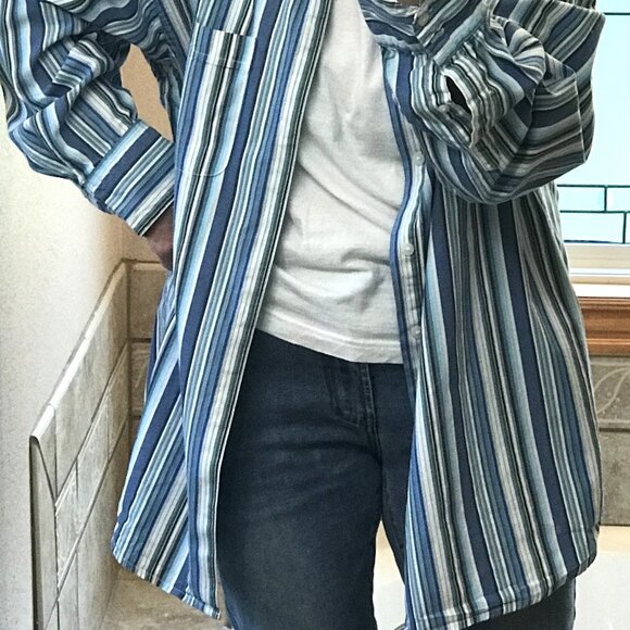 Geoffrey Beene Cotton Button-Down Shirt: Vintage, Blue Stripes, Men’s Size XL - Picture 4 of 8